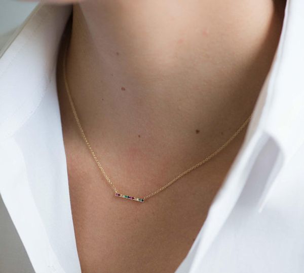 

925 sterling silver rainbow necklace for girl women simple geometric cz bar vermeil jewelry