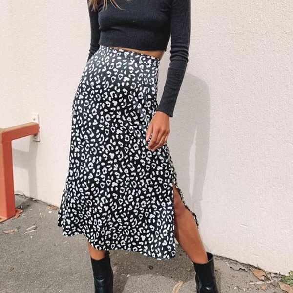 

2020 new leopard print chiffon split skirt casual fashion long skirts for women spring summer zip elegant female skirt, Black