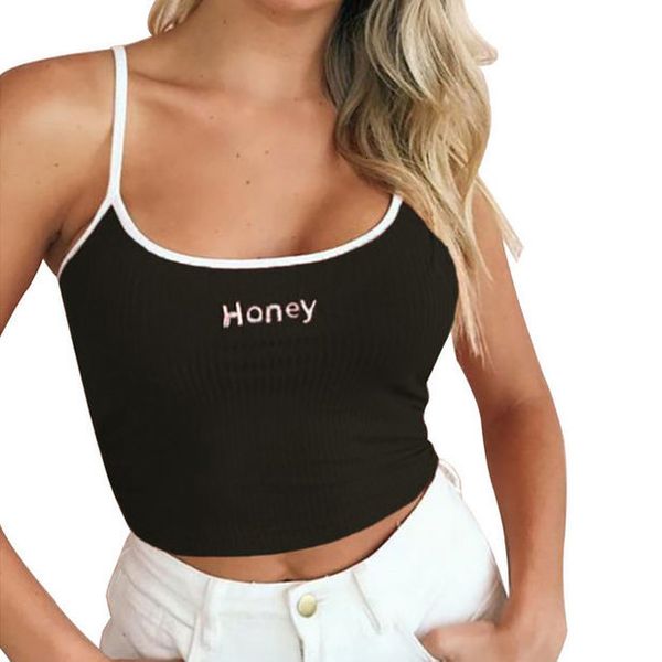 

embroidery womens camisole honey letter embroidery strap tank ladies elastic cropped tshirt vest crop top, White