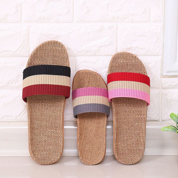 

new men linen slippers stripe flip flops flat non-slip sandals home slippers male casual indoor flax beach shoes me445, Black