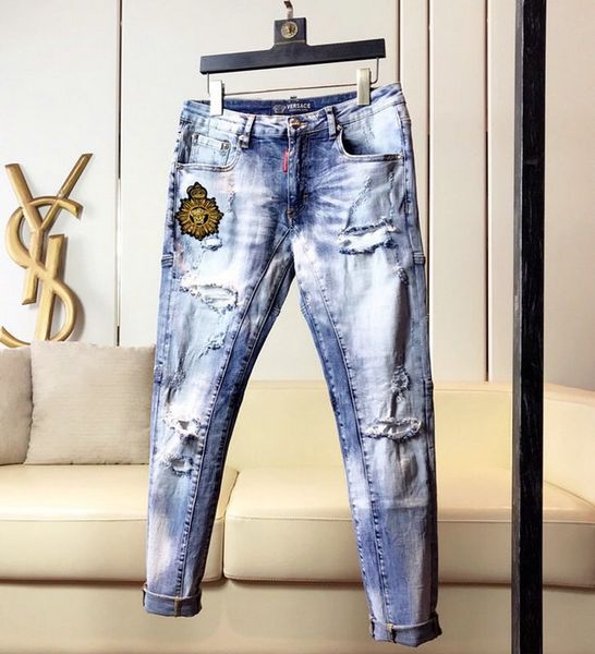 

fashion mens ripped biker jeans leather patchwork slim fit black moto denim joggers for male distressed jeans pants ~~#sa137, Blue