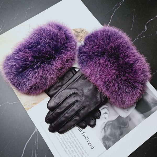 

genuine leather winter women' sheepskin warm fox fur warm gloves and gloves mouth velvet, Blue;gray