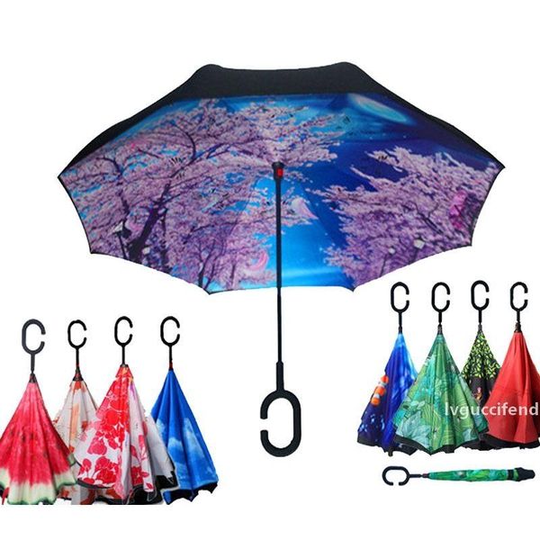 

creative c hook handle reverse folding quality bright pattern double layer windproof rainy sunny umbrella car men women for gift t200117