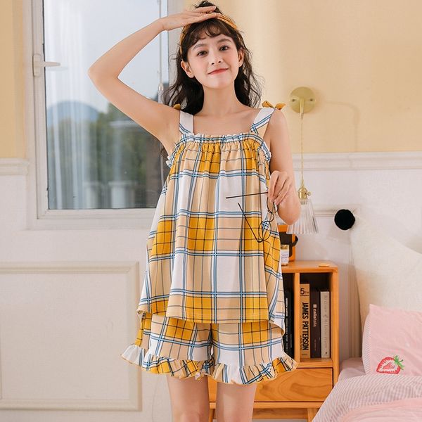 

yli0h pajamas women's suspenders two-piece summer thin women's suspenders pajamas plaid home clothes set off-shoulder loose home c, Blue;red