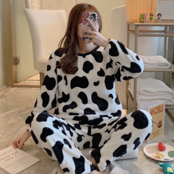

women designer sleepwear winter warm round neck printed long-sleeved pajamas female cute cartoon girl suit classic home service new, White