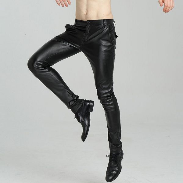 

2020 new arrival casual menswear fashion solid pu leather man motorcycle trousers korean slim fit skinny pants plus size, Black