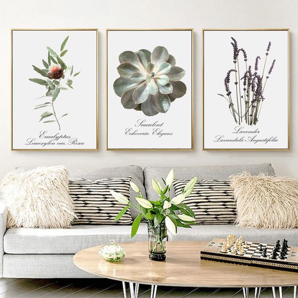 

nordic marguerites lavender flower canvas poster print plant succulent eucalyptus wall art painting modern living room decor