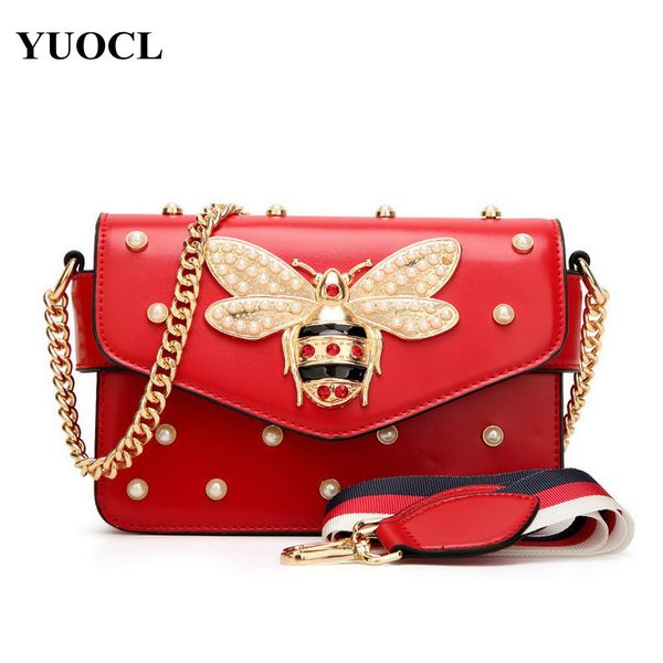 

bee chain pearl luxury diamond design women handbag new fashion messenger bag brand style pu leather bags female shoulder bag