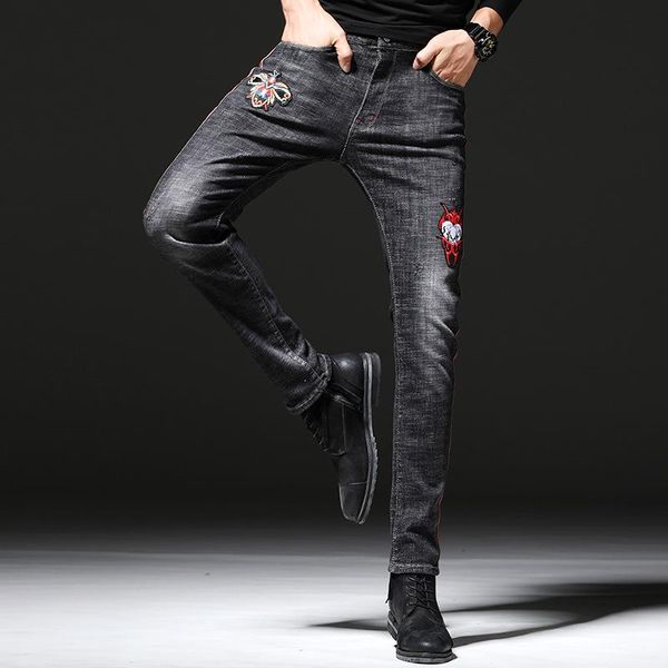 

men's jeans stretch motorcycle pants hole jeans trend men's wrinkle multi-pocket trousers, Blue