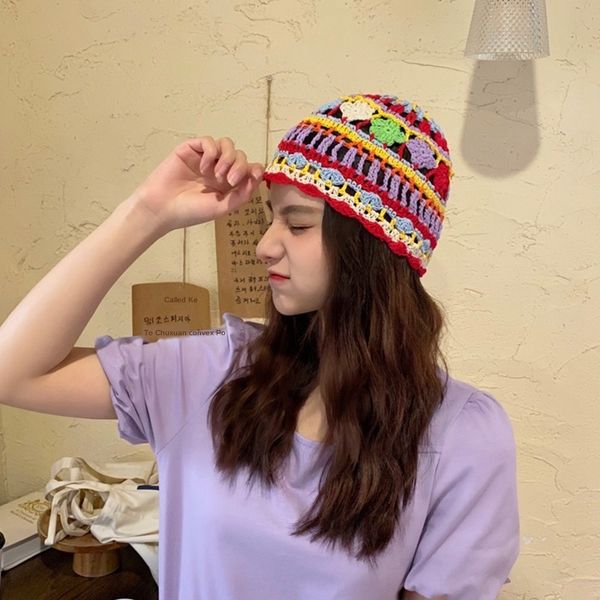 

77jpc national style fashion forest series handmade crochet hollowed-out female art color contrast baotou cap beret beret knitted baotou hat, Blue;gray