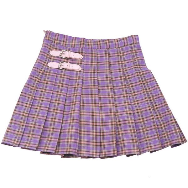 

high waist a line women skirt harajuku fashion purple student pleated skirt chic plaid leather buckle sweet girls mini skirt, Black