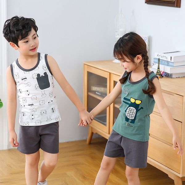 

summer vest pajamas children's cotton sleeveless vest suit boys' and babies' thin cotton cartoon pajamas round neck two-piece, Blue