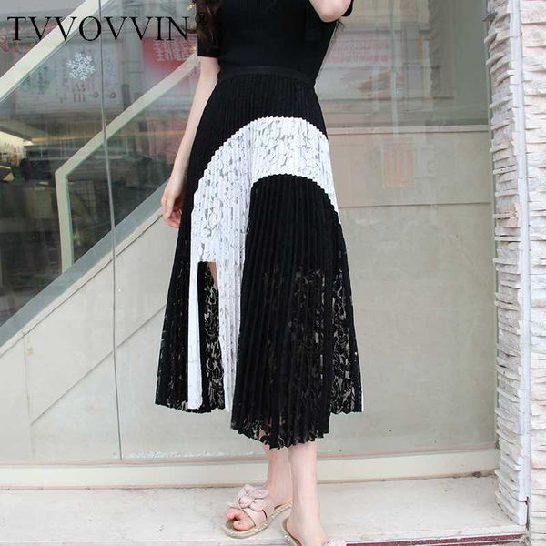 

korea lace irregular color matching pleated skirt women 2020 summer fashion new elegant goddess fan medium length skirt zp1058, Black