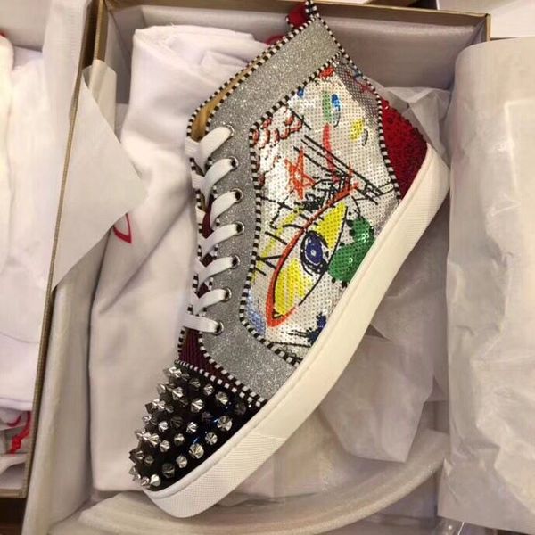 

new luxurious sequin with graffiti & spikes & strass high red bottom sneakers shoes famous men party wedding walking with box,eu35-46, Black