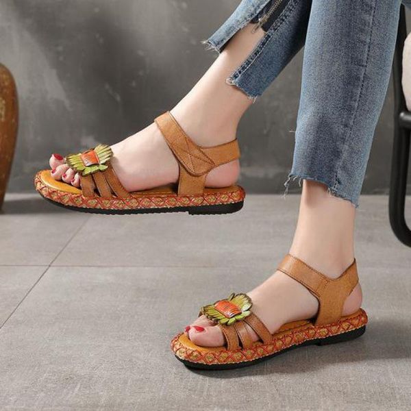 

yourseason retro women summer sandals outwear mixed colors genuine leather 2020 new sewing ladies hook loop casual sandals, Black