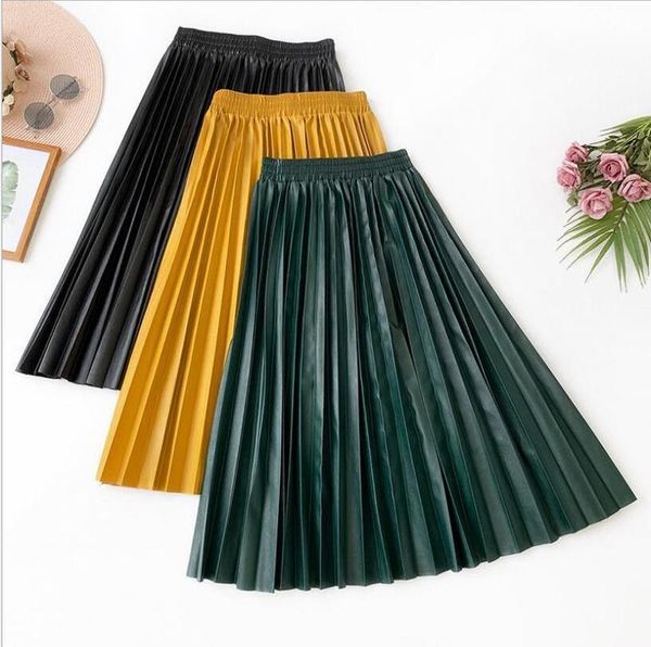 

high waist pleated pu faux leather skirt women autumn winter elegant midi long skirts female yellow green leather skirt qh2012, Black