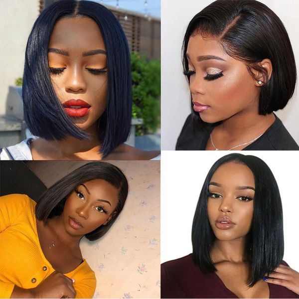 

straight black short bob synthetic 150% lace front wigs with side part for women heat fiber hair realistic daily wear wig, Black;brown