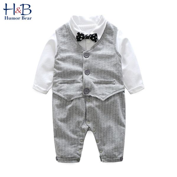

humor bear summer boys clothing sets summer gentleman striped jumpsuit + vest bow boy fashion suit toddler baby kids clothes, White