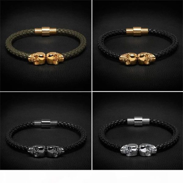 

beichong mens black genuine leather braided northskull bracelet men stainless steel for women gold north skull bangle for women men, Golden;silver
