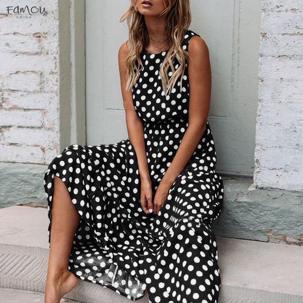 

dress women summer 2020 fashion boho style dot printing sleeveless o neck long dress female elegant party maxi dress, Black;gray