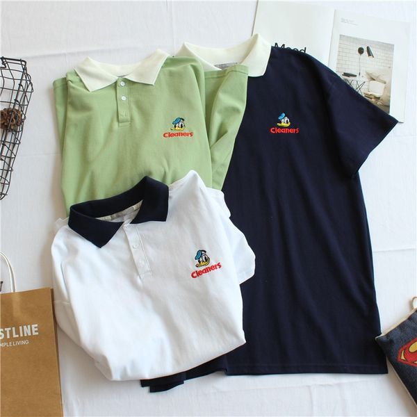 

sijunzi summer new large size half-sleeved t- polo shirt loose embroidery ya zi student mid-length short-sleeved t-shirt for women, White