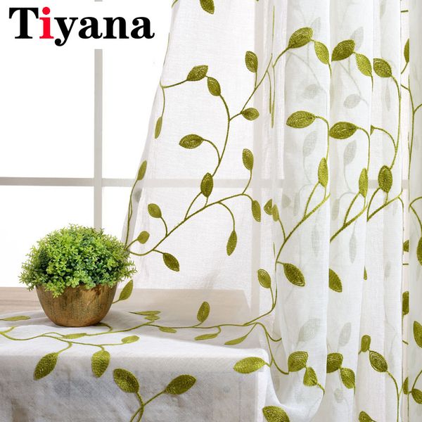 

curtain & drapes rustic green leaves pattern embroidered curtains for living room bedroom kitchen sheer white window p072x