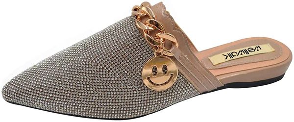 

wellwalk women's pointed toe slip on slide mules slippers babouches with rhinestone, Black