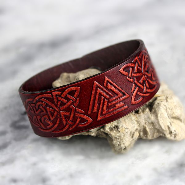 

viking valknut bracelet dyed stamped leather norse odin eagle wrist cuff celtics knot wristband nordic amulet jewelry, Golden;silver