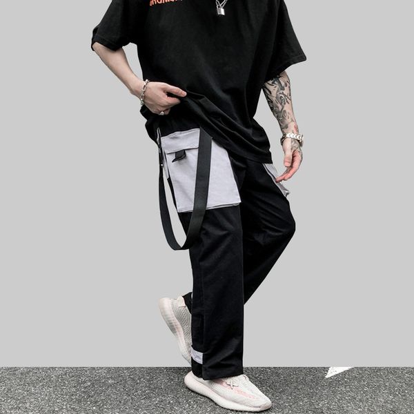 

streetwear ribbons casual pants men black slim mens joggers pants side-pockets ankle-length men trousers