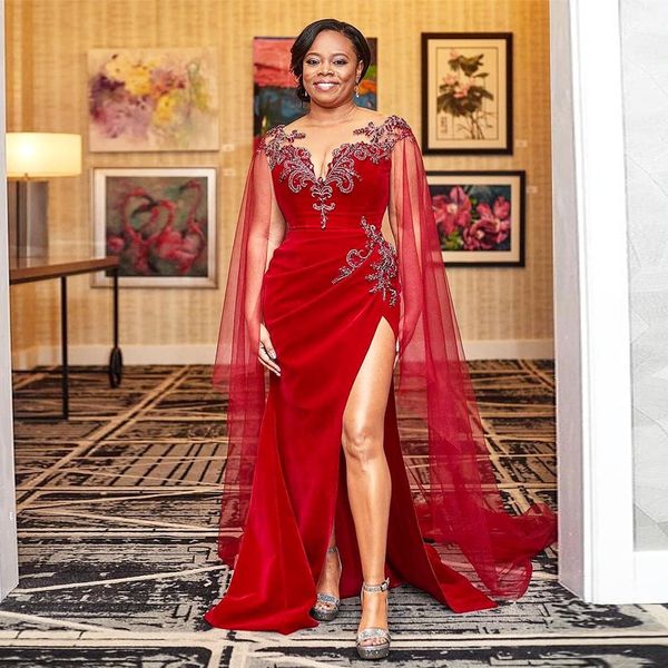 

red beaded mermaid evening dresses sheer bateau neck side split prom gowns plus size sweep train satin formal dress, Black;red