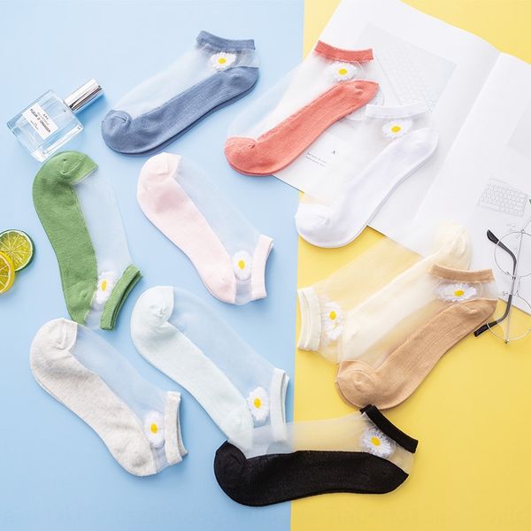 

motn2 women's summer thin cute boat embroidered embroidery daisy silk boat socks korean crystal silk cotton bottom shallow socks breath, Pink;yellow