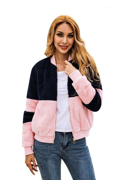 

ladies autumn winter coat women patchwork hoodies with zipper pink and black plush crew neck sweatshirts
