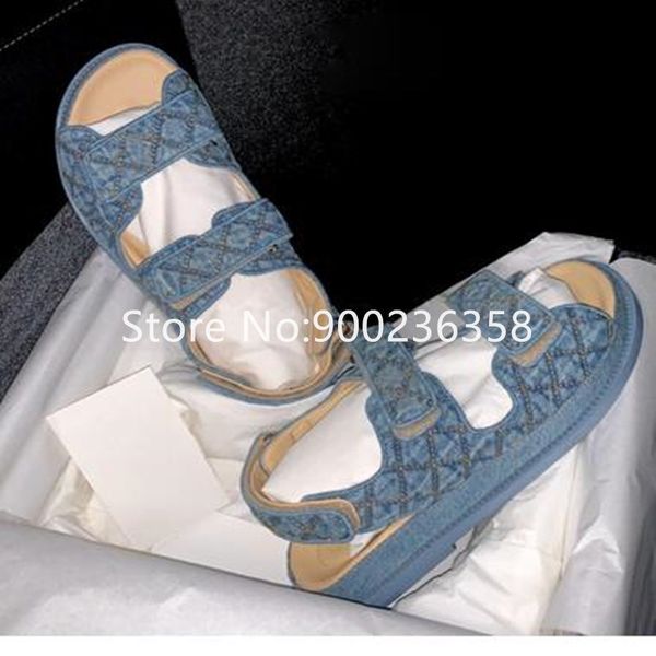 

new summer open toe leather hook & loop 2020 street fashion sandals denim flats women shoes sky blue ladies shoes, Black