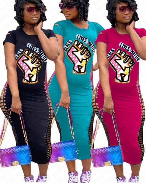 

black lives matter letters print t shirt long dress women broken hole short sleeves bodycon dresses slim one piece skirts dress d71401, White