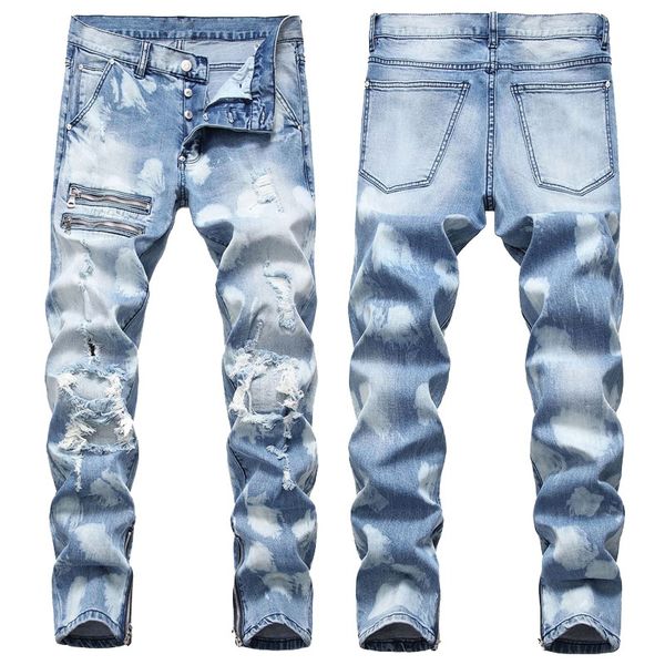 

men's zipper stretch fit jeans cotton trousers leg zipper button plus-size 44 46 men's trousers 1161, Blue