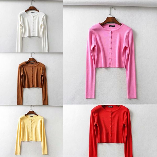 

solid color single-breasted short knitwear knitted cardigan women's high waist round neck knitwear long sleeve coat short coat, White