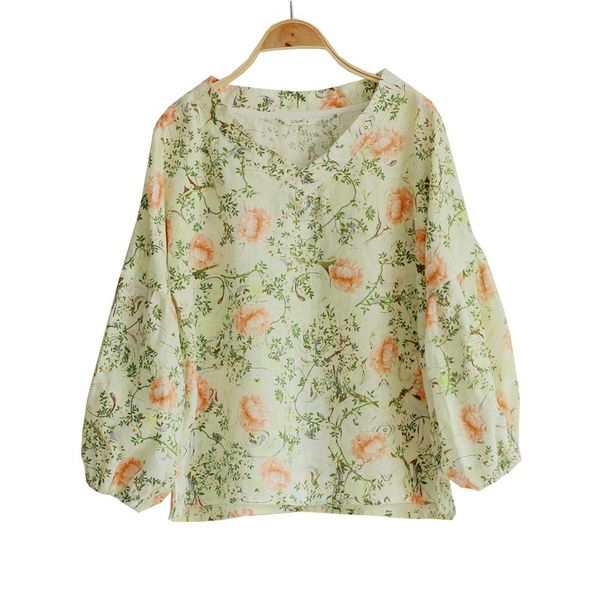 

johnature women print floral t-shirts linen 2020 spring new v-neck lantern sleeve vintage women clothing loose chinese t-shirts, White