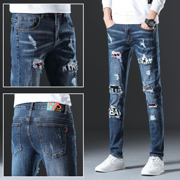 

2020 1975 new streetwear hip hop stretch hole straight badge pants explosive metal embroidered washed old vintage jeans long trousers, Blue