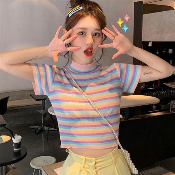 

2020 summer ice color tee shirt female short cute t shirt rainbow striped slim knitting short sleeve turtleneck, White