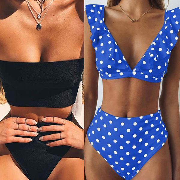 

2020 bikini women push up swimwear high waist swimsuit ruffle print bikini set bathing suit beach swimming swim wear, White;black