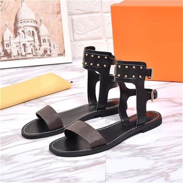 

box dust bag )designer sliders print leather nomad sandal non -slip gladiator outsole flat fashion luxury women shoes 2l1v, Black