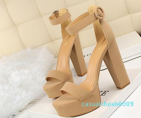 

designer summer model women high heel sandals 13 cm open toes chunky heel platform sandals buckle strap lady automobile model shoes c09 l11, Black