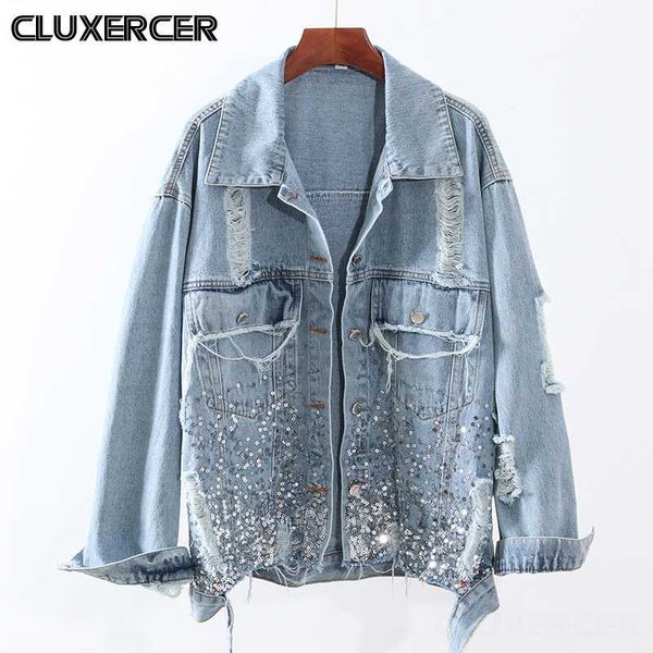 

autumn fashion sequins denim jacket women student loose short holes jean jacket, Black;brown