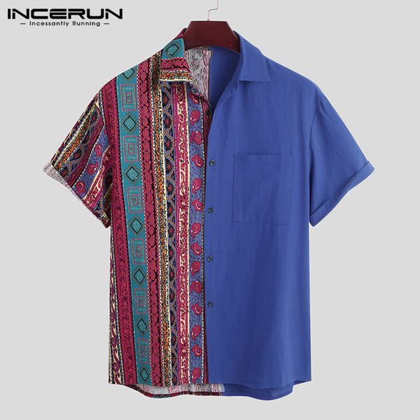 

men's casual shirts incerun men shirt short sleeve ethnic print patchwork lapel cotton summer hawaiian brand leisure camisa masculina, White;black