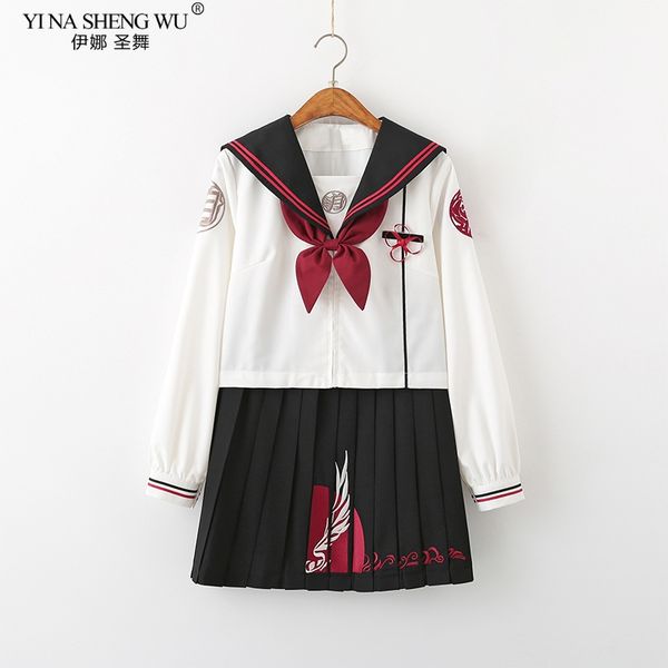 

embroidery girl japanese school uniforms high school sailor suit cosplay costume pleated skirt anime sets long sleeve black red, White