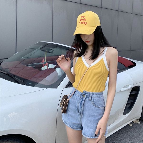 

2020 vest summer new fashion hong kong style contrast color stitching backless all-match knitted vest for women, Camo