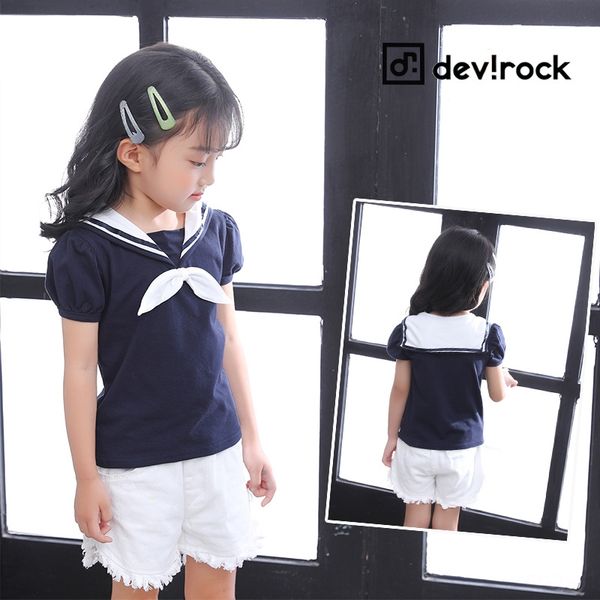 

summer suit butterfly butterfly 2019 new fashion brand devirock navy wind sailor suit bowknot casual girl short-sleeved t-shirt, Blue
