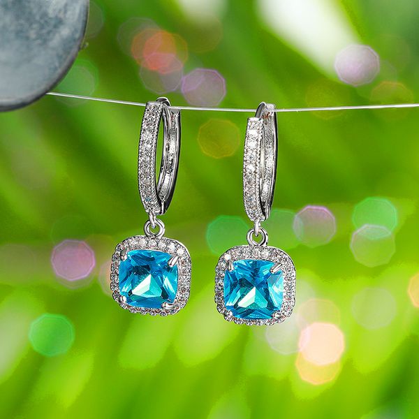 

luxury female pink blue zircon stone earrings elegant square hoop earrings for women silver color wedding, Golden;silver