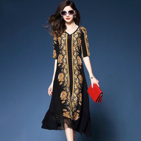 

luxury dress 2020 summer dress large size silk chiffon robe long big size print chic trendy women clothes 3xl, White;black