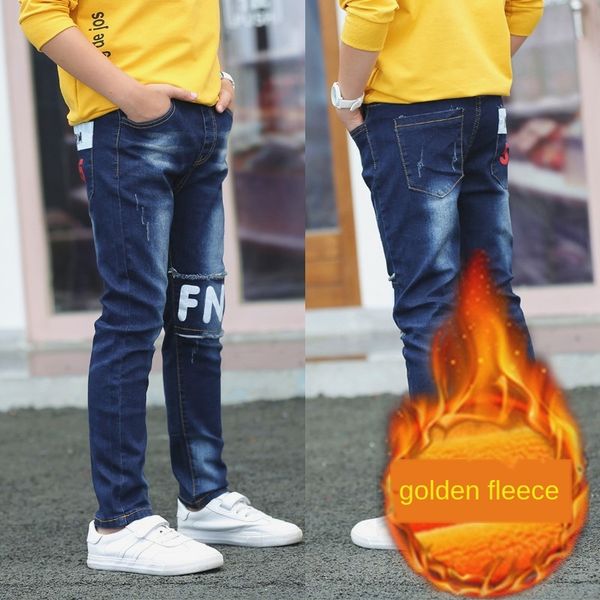

fleece lining kids and wool jeans denim pants men women korean kids slim children's jeans, Blue